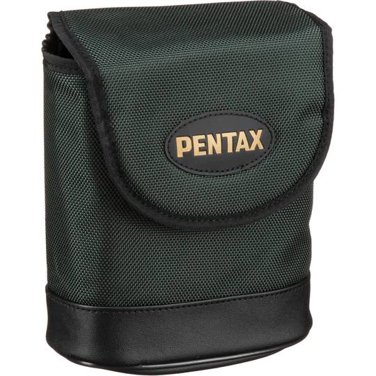 Pentax binoculars case with green fabric and black leather bottom featuring a Pentax logo on the front flap