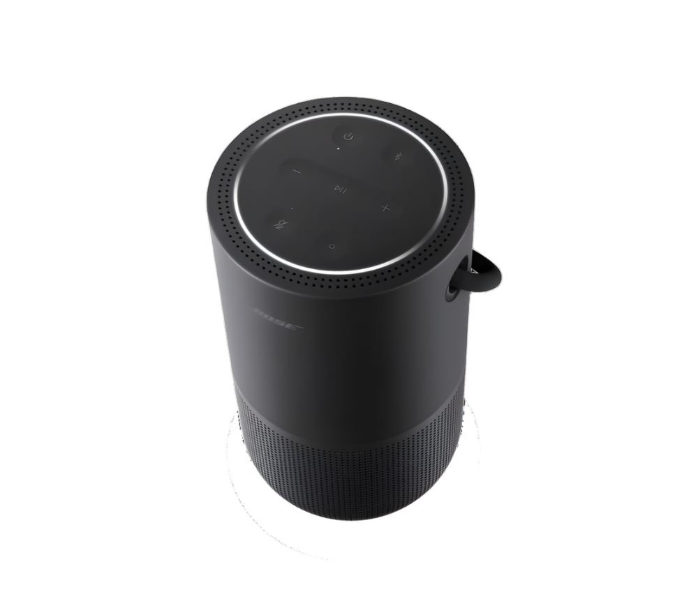 Bose portable home speaker showcasing the top control panel with touch buttons, featuring a modern black finish.