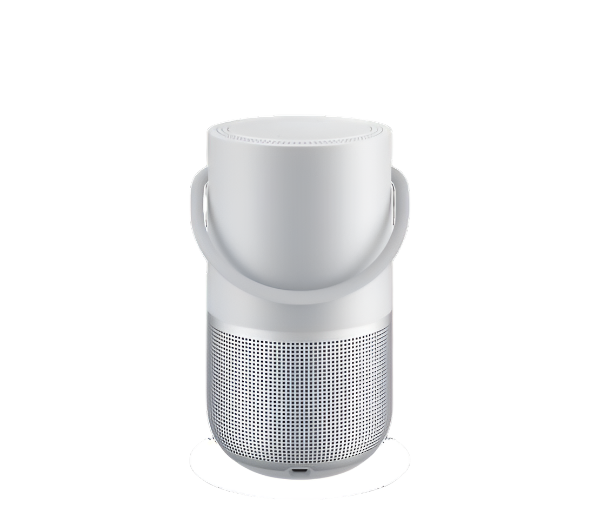 White Bose portable home speaker with a clean, minimalist design and integrated handle for easy portability.
