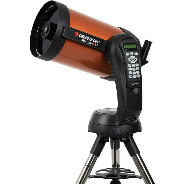 A Celestron NexStar 8SE telescope with an orange cylindrical tube mounted on a black computerized base and tripod