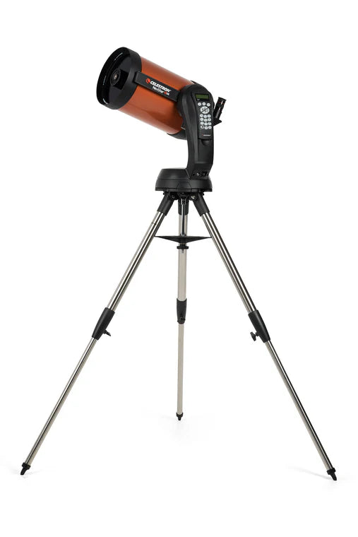 A Celestron NexStar 8SE telescope with an orange cylindrical tube mounted on a black computerized base and a silver tripod