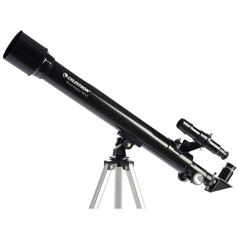 A Celestron PowerSeeker 50AZ telescope with a black cylindrical tube mounted on a silver altazimuth mount and tripod. The telescope is angled slightly upward for observation. A finderscope is mounted on top of the tube.