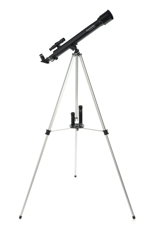  A Celestron PowerSeeker 50AZ telescope with a black cylindrical tube mounted on a silver altazimuth mount and tripod. The telescope is angled slightly upward for observation. A finderscope is mounted on top of the tube. The tripod provides stability and has adjustable legs for varying heights.
