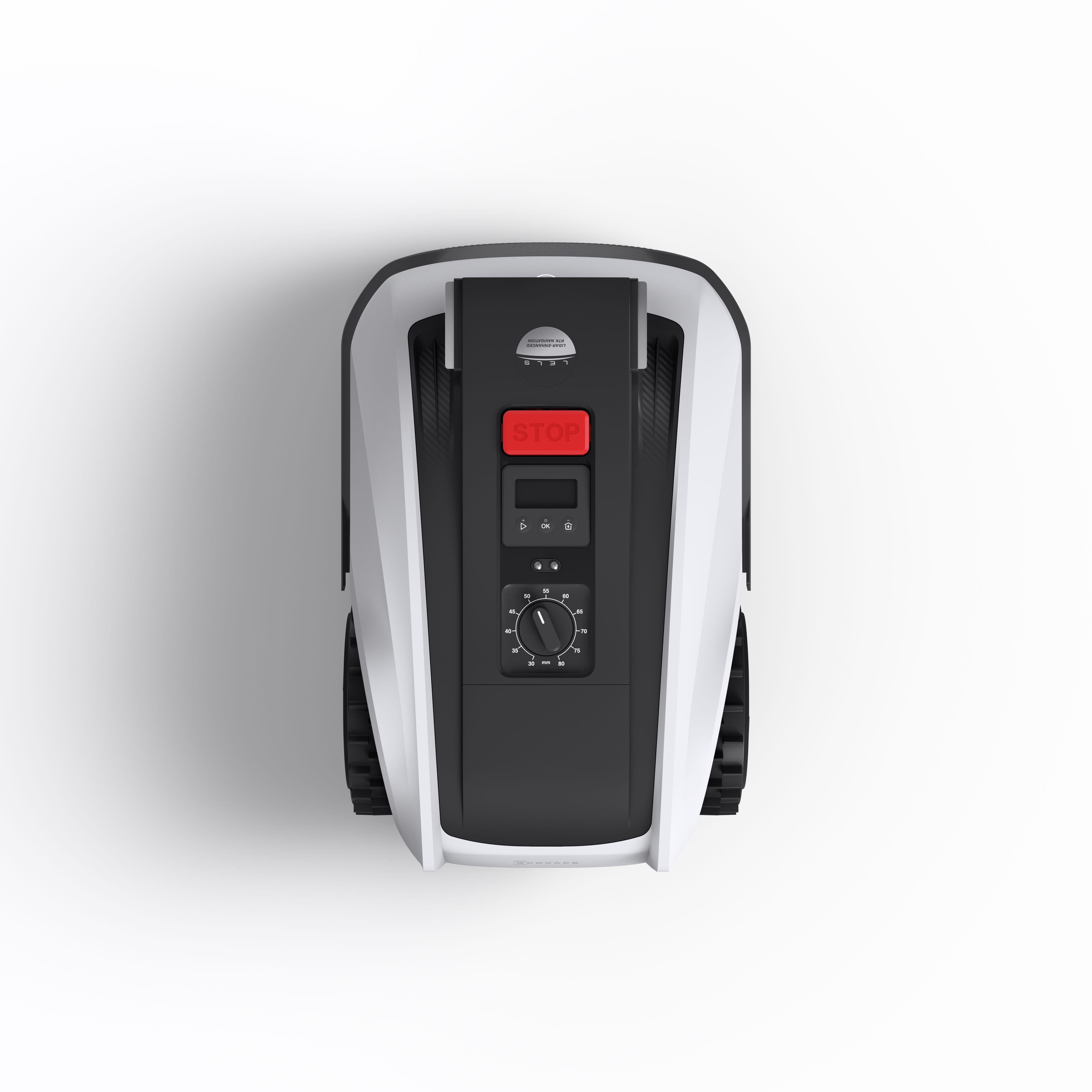 ECOVACS GOAT O800 RTK robotic lawn mower top-down view with control panel and LiDAR turret