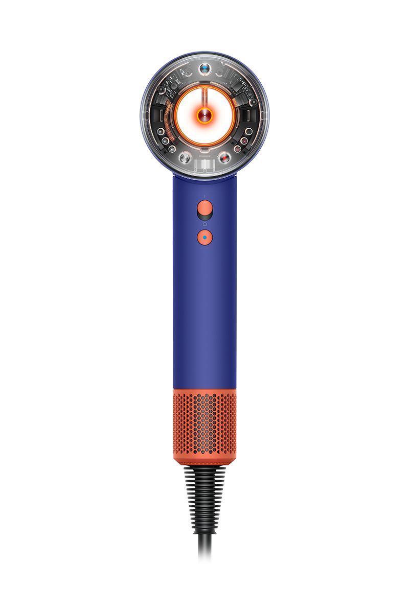 A sleek blue hair dryer with orange accents and a visible circular heating element, designed with advanced features for precision styling.