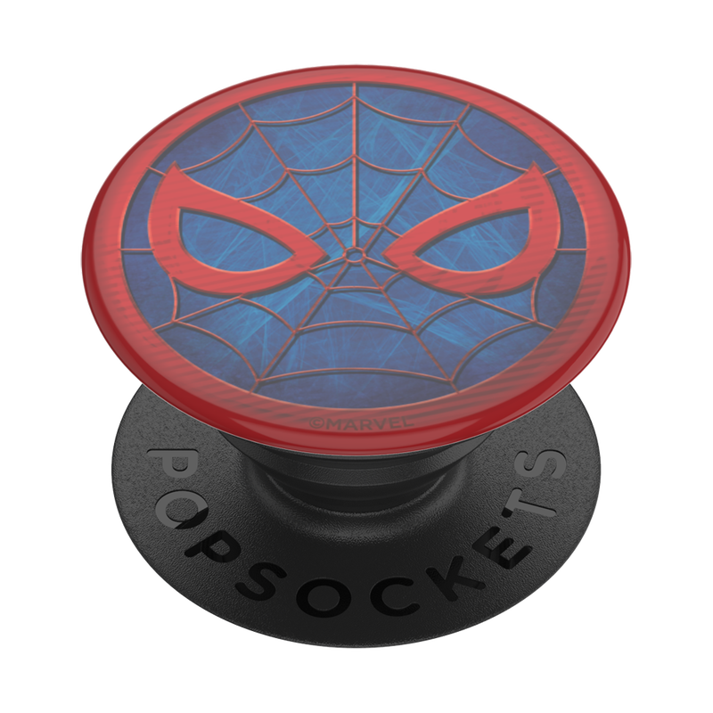 PopSockets Marvel Spider-Man PopGrip for MagSafe featuring a design of Spider-Man's mask. The mask is red with blue webbing details and white eyes, set against a blue background. The base of the PopGrip is black with the word "POPSOCKETS" embossed on it.