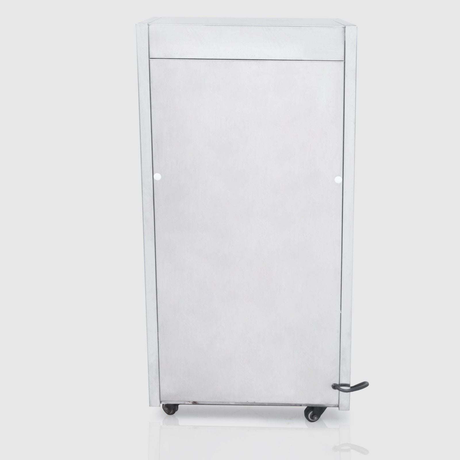  The back view of a White-Westinghouse industrial dehumidifier with a metallic silver exterior. The back panel is solid with no visible ventilation slots or controls. The unit is mounted on small wheels for mobility and features a handle at the bottom for easy maneuvering.