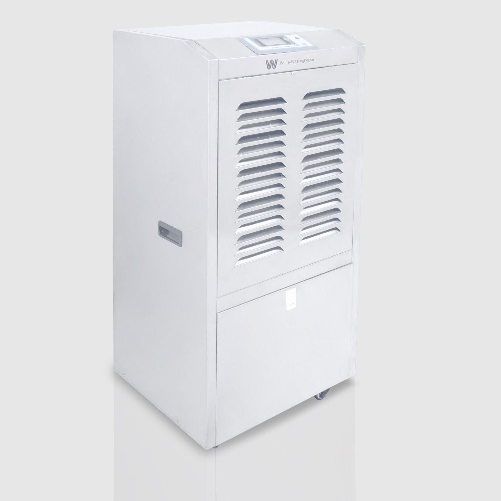 A White-Westinghouse industrial dehumidifier with a sleek metallic silver exterior. The unit features a control panel on the top, a series of angled ventilation slats on the upper front section, and a solid panel on the lower front section. There is a handle on the side for easy transport, and the unit is mounted on small wheels for mobility. The branding "White-Westinghouse" is visible below the control panel