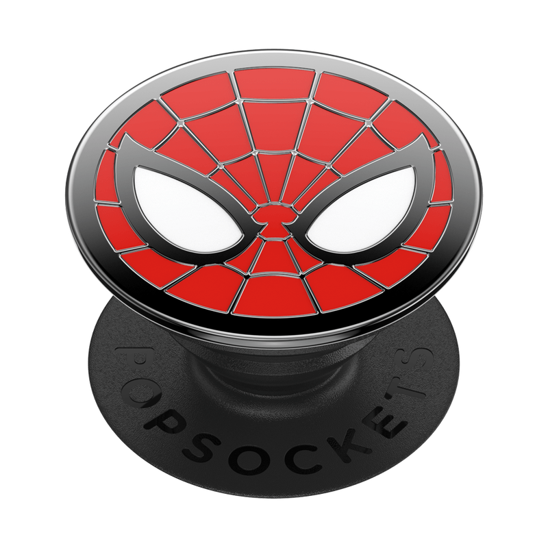 Enamel Marvel Spider-Man PopGrip featuring the iconic red and black Spider-Man mask with white eyes on a circular grip. The base of the PopGrip is black with the word "POPSOCKETS" embossed on it