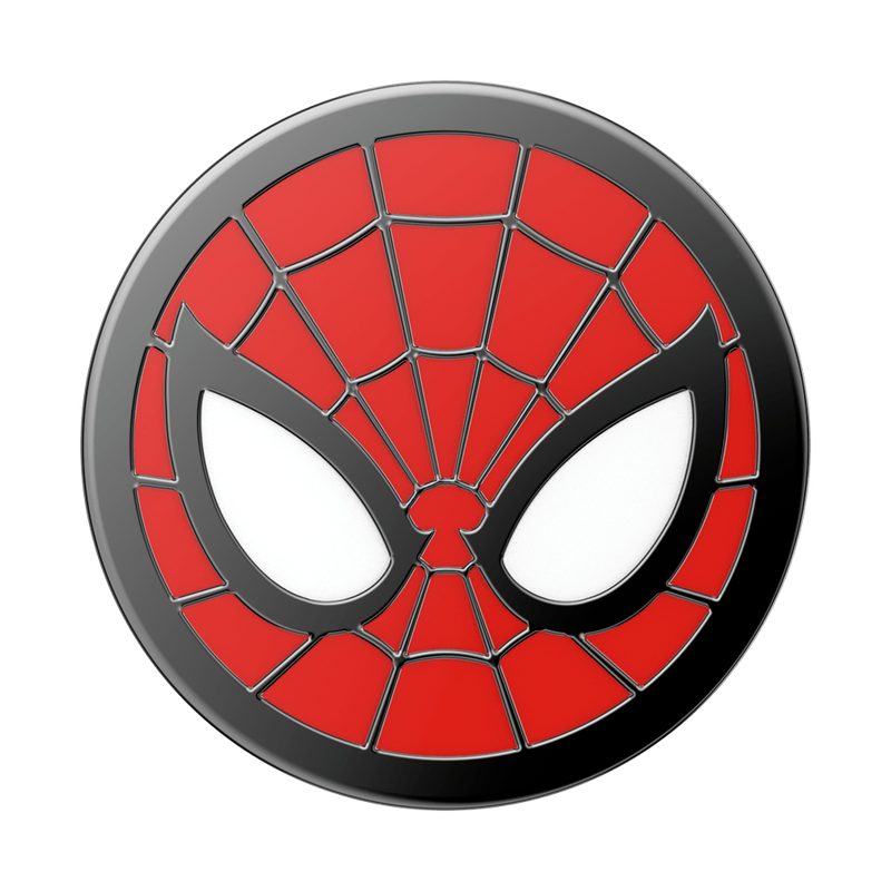 An Enamel Marvel Spider-Man PopGrip featuring the iconic Spider-Man mask design. The grip has a red background with black web lines and large white eyes outlined in black, replicating Spider-Man's mask. The PopGrip has a glossy finish and a circular shape.