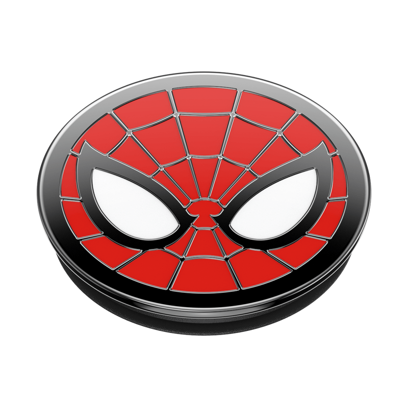 An Enamel Marvel Spider-Man PopGrip in a collapsed position. The PopGrip features the iconic Spider-Man mask design with a red background, black web lines, and large white eyes outlined in black. The grip has a circular shape and a glossy finish