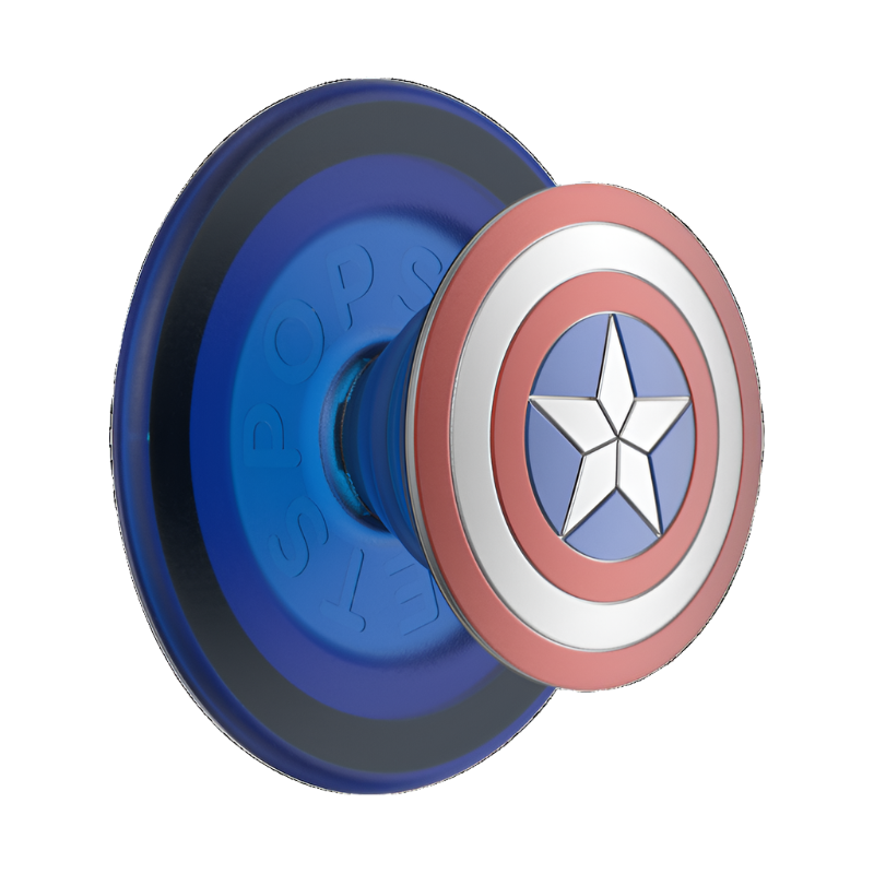  Close-up angled view of an Enamel Captain America PopGrip for MagSafe featuring the iconic shield design. The PopGrip is styled to resemble Captain America's shield, with concentric red, white, and blue circles, and a white star in the center. The base of the PopGrip is blue with the word "POPSOCKETS" embossed on it.