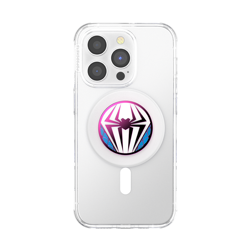 Clear smartphone case with an Enamel Ghost Spider Suit PopGrip attached. The PopGrip features a round design with the Ghost Spider logo in purple and blue on a white base, providing a secure grip for the device