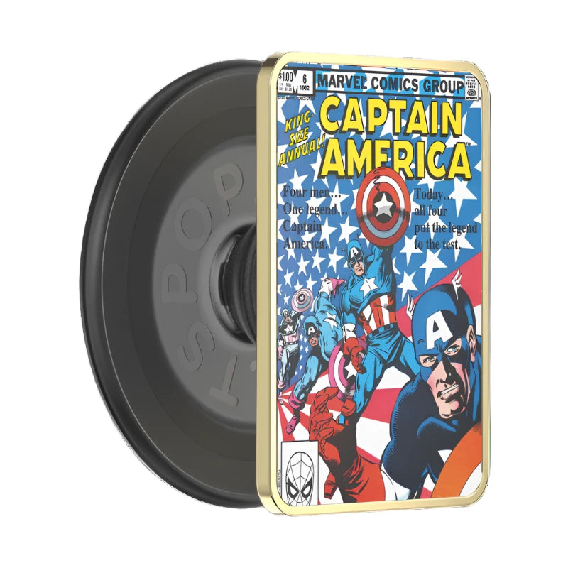  Popsocket Enamel Captain America Comic Book PopGrip for MagSafe, featuring a colorful comic book cover design with Captain America on the front. The PopGrip provides a secure grip and is designed for MagSafe compatibility