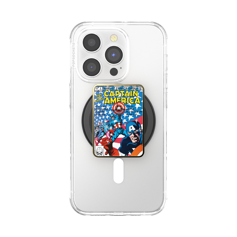  Clear smartphone case with a Popsocket Enamel Captain America Comic Book PopGrip for MagSafe attached. The PopGrip features a colorful comic book cover design with Captain America, providing a secure grip and designed for MagSafe compatibility.