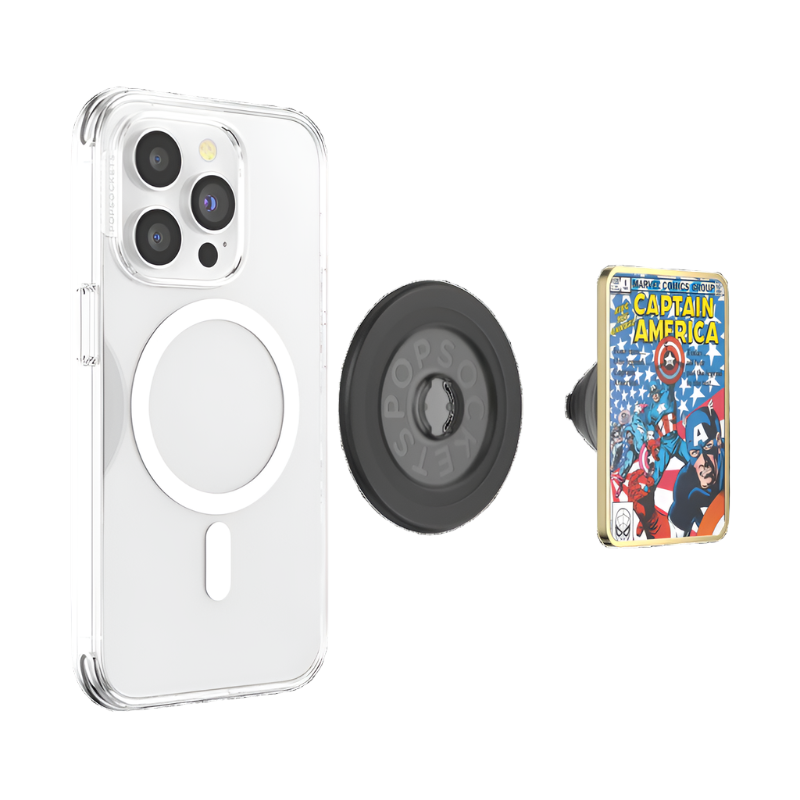  Clear smartphone case shown with a detached Popsocket Enamel Captain America Comic Book PopGrip for MagSafe. The PopGrip features a colorful comic book cover design with Captain America and is designed for secure attachment and easy removal with MagSafe compatibility