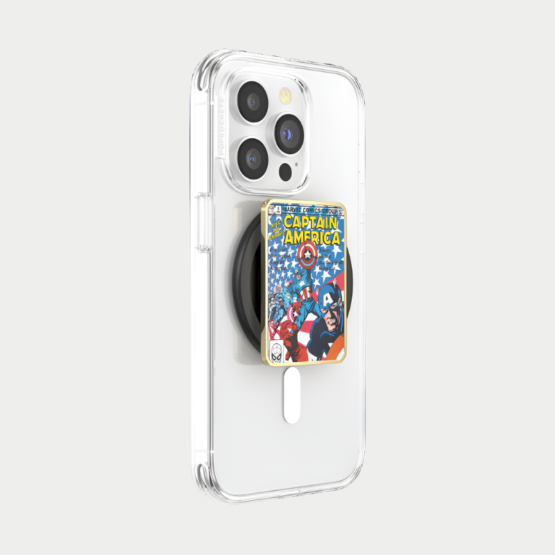 Clear smartphone case with a Popsocket Enamel Captain America Comic Book PopGrip for MagSafe attached, shown at an angle. The PopGrip features a colorful comic book cover design with Captain America, providing a secure grip and designed for MagSafe compatibility.