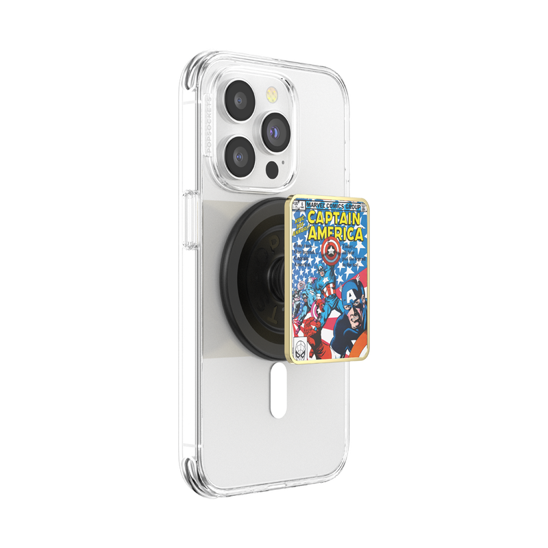  Clear smartphone case with a Popsocket Enamel Captain America Comic Book PopGrip for MagSafe attached, shown from the side. The PopGrip features a colorful comic book cover design with Captain America, providing a secure grip and designed for MagSafe compatibility