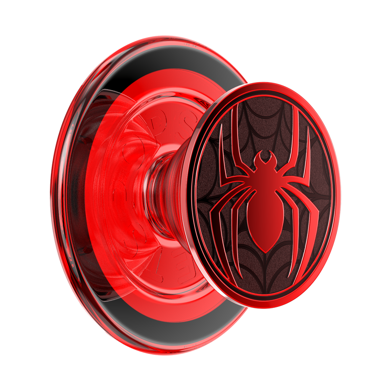  A PopSockets Enamel Miles Morales Suit PopGrip for MagSafe. The grip features a bold red and black design with the Miles Morales Spider-Man emblem in the center. The grip has a glossy finish and the distinctive web pattern associated with Miles Morales' Spider-Man suit.