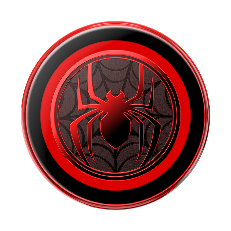  A top view of the PopSockets Enamel Miles Morales Suit PopGrip for MagSafe. The grip features a red and black design with the Miles Morales Spider-Man emblem in the center. The emblem is surrounded by a red ring and has a web pattern in the background.