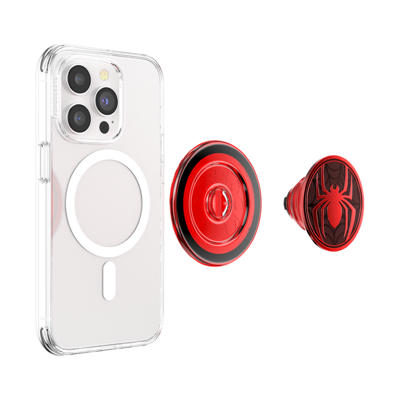 A clear smartphone case with a visible MagSafe ring, shown next to a detached PopSockets Enamel Miles Morales Suit PopGrip for MagSafe. The PopGrip features a red and black design with the Miles Morales Spider-Man emblem in the center. The grip is shown from both the side and front, highlighting its detachable nature and the glossy red and black Spider-Man design.