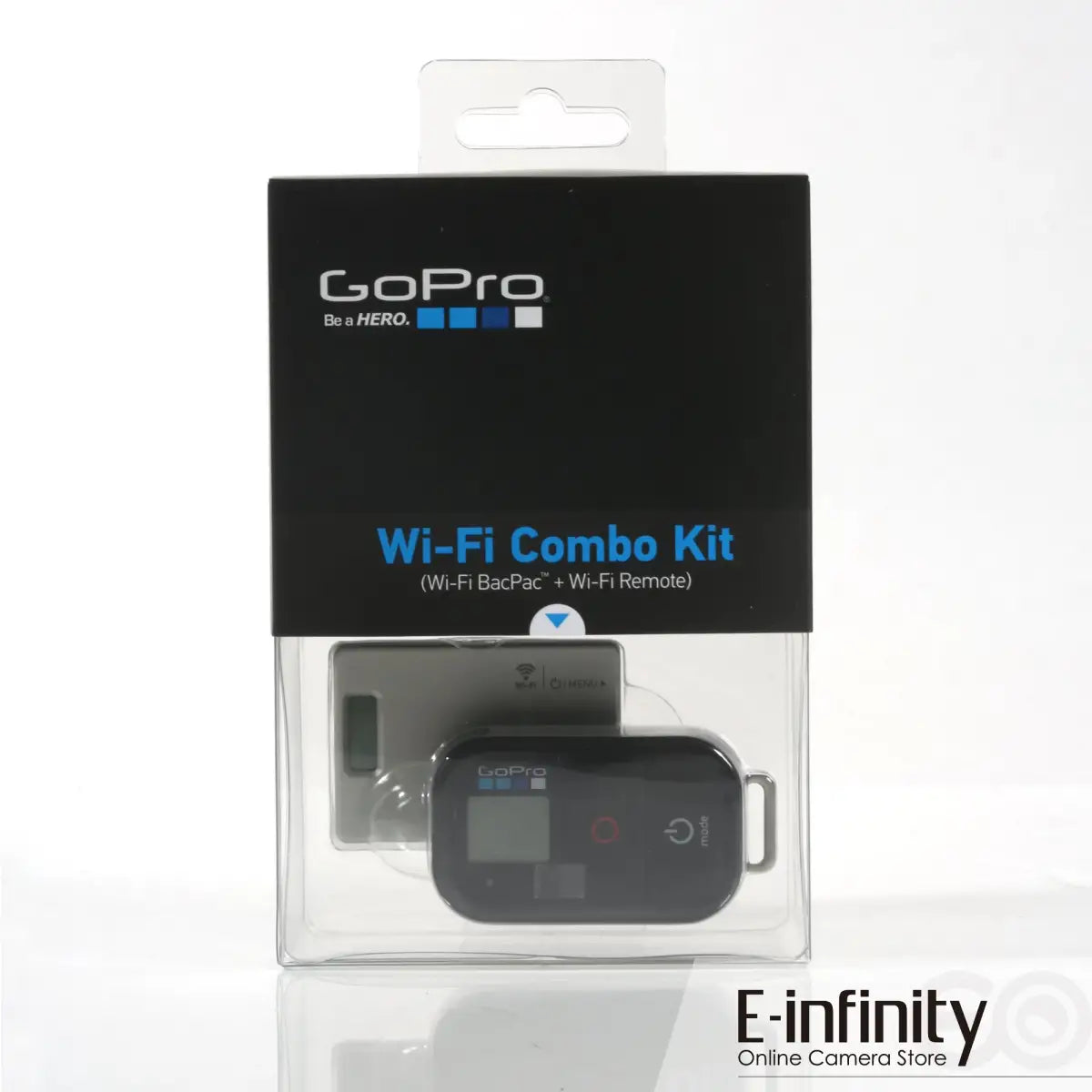  A GoPro Wi-Fi Combo Kit is shown in its packaging. The package includes a Wi-Fi BacPac and a Wi-Fi Remote, displayed in a clear plastic section at the bottom. The upper part of the packaging is black with the GoPro logo and product name "Wi-Fi Combo Kit" printed in white and blue. The packaging also features the "E-infinity Online Camera Store" branding at the bottom.