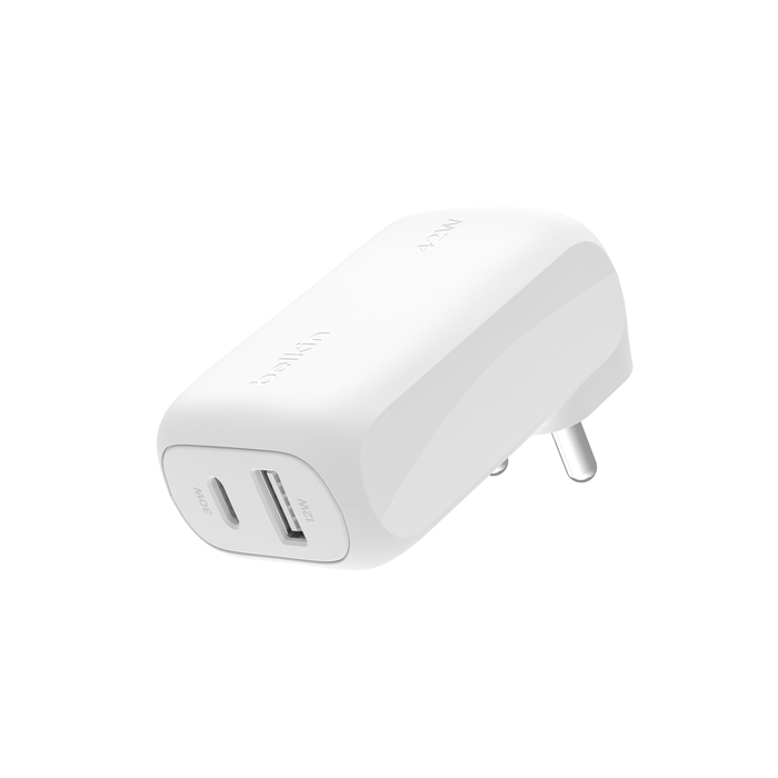 Angled view of the Belkin 42W charger, showcasing the dual USB-C and USB-A ports for versatile charging options.