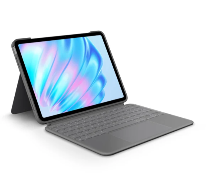 iPad case with an integrated keyboard and trackpad, designed with an adjustable stand for a seamless laptop-like experience, highlighting a vivid display and efficient layout for productivity.