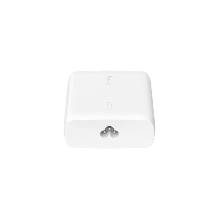 Top view of the Belkin 200W charger showcasing the compact and minimalist design with a focus on the connector area.