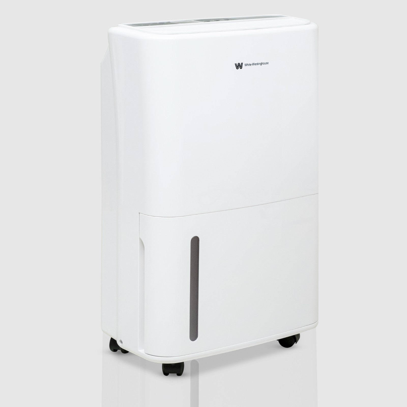 Front angled view of the White Westinghouse Dehumidifier AWHD20L, featuring a sleek white design with a water level indicator on the front. The unit has a compact form factor with casters for easy mobility, making it ideal for use in residential and commercial spaces to maintain optimal humidity levels.