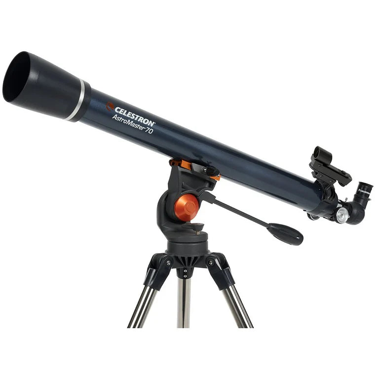 A Celestron AstroMaster 70AZ telescope with a long, blue cylindrical tube mounted on a gray altazimuth mount and silver tripod.