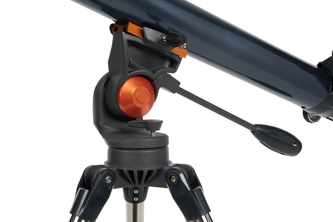 : A close-up view of the mount and control handle of a Celestron AstroMaster 70AZ telescope. The mount is gray with an orange adjustment knob, providing a secure and stable connection to the tripod. The control handle, attached to the mount, allows for precise positioning of the telescope.