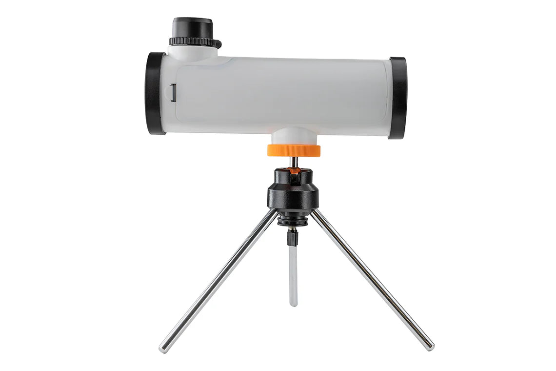 A side view of the Celestron Kids STEM 50mm Newtonian Telescope. The telescope has a white cylindrical tube with an eyepiece positioned at the top. It is mounted on a small tripod with silver legs, a black mount, and an orange adjustment knob for positioning