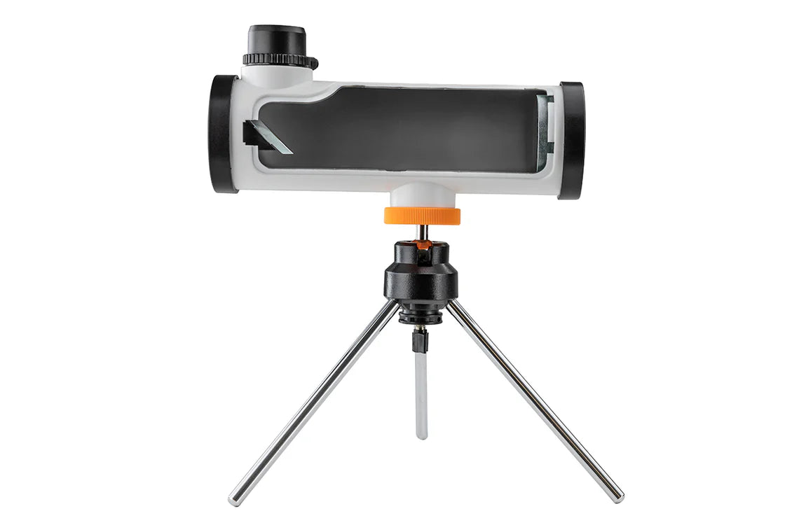  A side view of the Celestron Kids STEM 50mm Newtonian Telescope with its tube cut out to show the internal mirror and optics. The white cylindrical tube is mounted on a small tripod with silver legs, a black mount, and an orange adjustment knob.