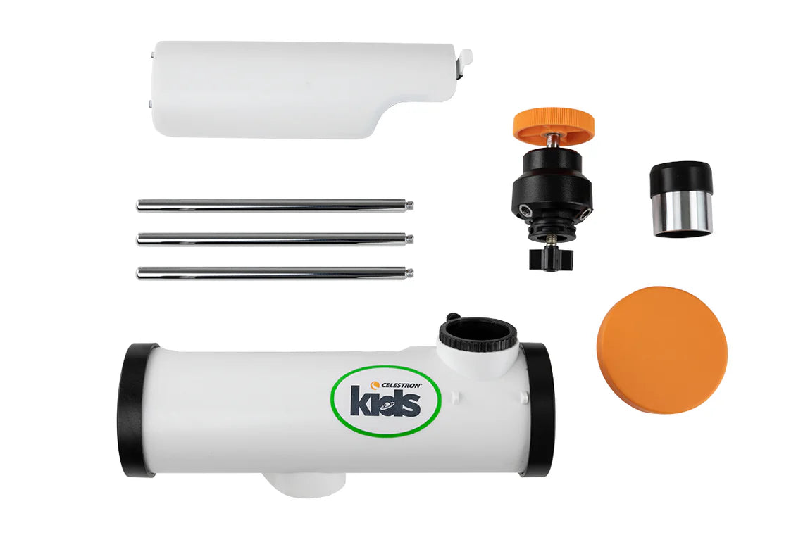 The disassembled components of the Celestron Kids STEM 50mm Newtonian Telescope laid out on a white background