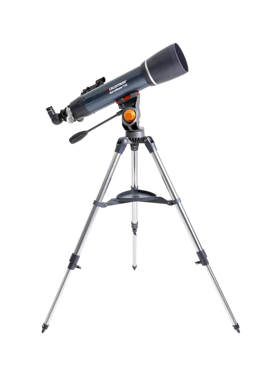 A Celestron AstroMaster 102 telescope with a blue cylindrical tube mounted on a gray equatorial mount and a silver tripod. The telescope is angled slightly upward for observation