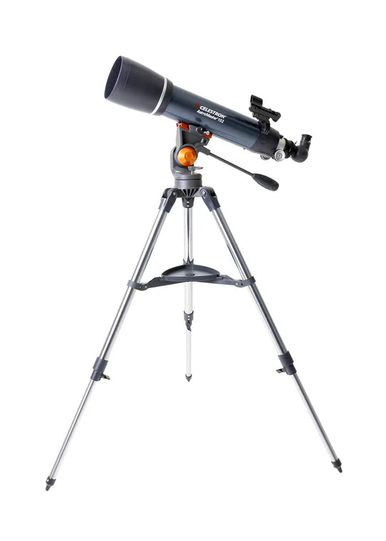 A Celestron AstroMaster 102 telescope with a blue cylindrical tube mounted on a gray equatorial mount and a silver tripod. The telescope is angled slightly upward for observation.