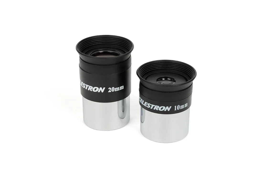 Two Celestron telescope eyepieces placed side by side on a white background. The eyepiece on the left is labeled "Celestron 20mm," and the one on the right is labeled "Celestron 10mm." Both eyepieces have a black upper section and a silver lower section, designed for inserting into the telescope. The eyepieces are used to adjust the magnification and viewing experience of the telescope.