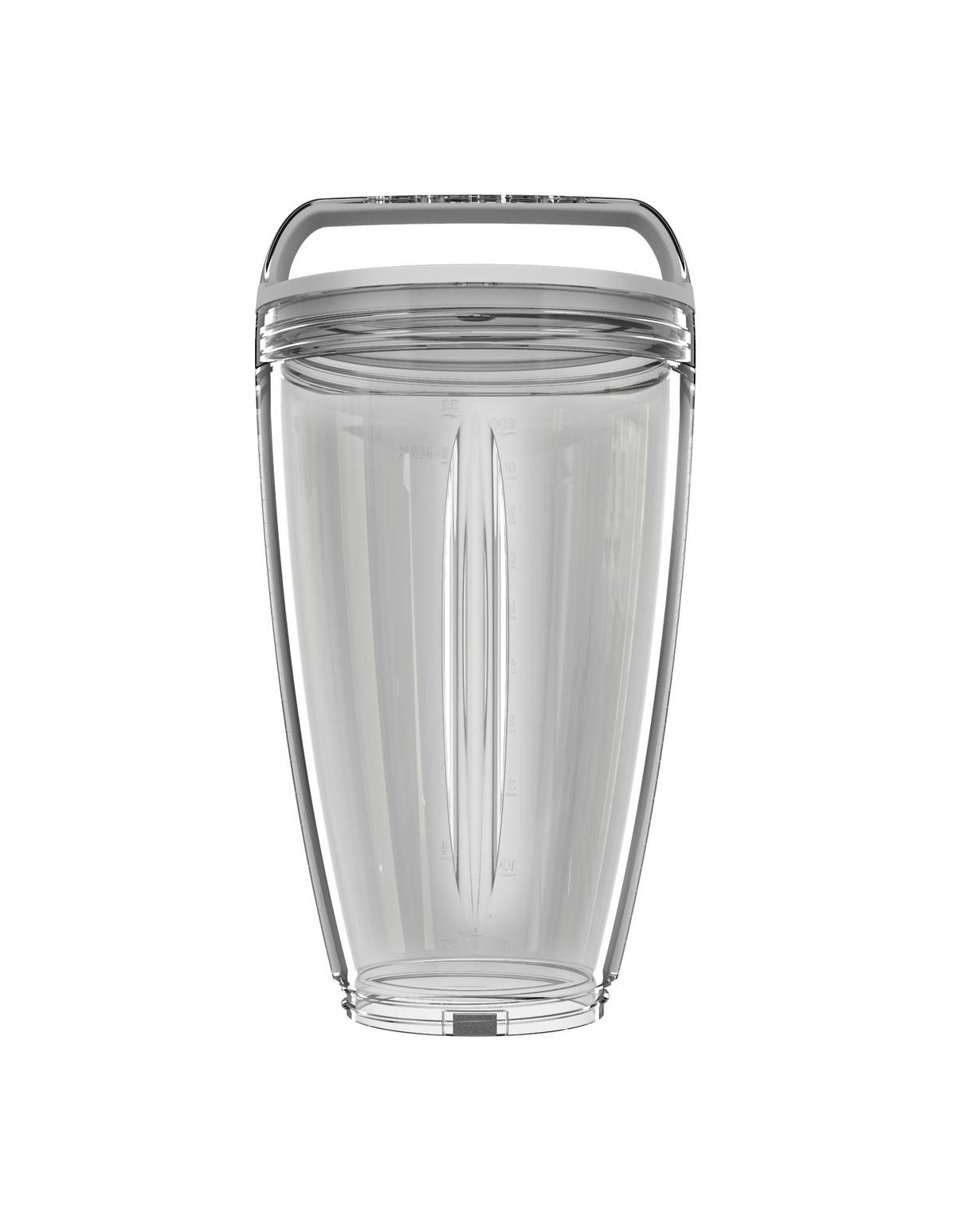 A transparent, sleek, and cylindrical container with a modern handle design at the top, showcasing a minimalist and functional aesthetic.