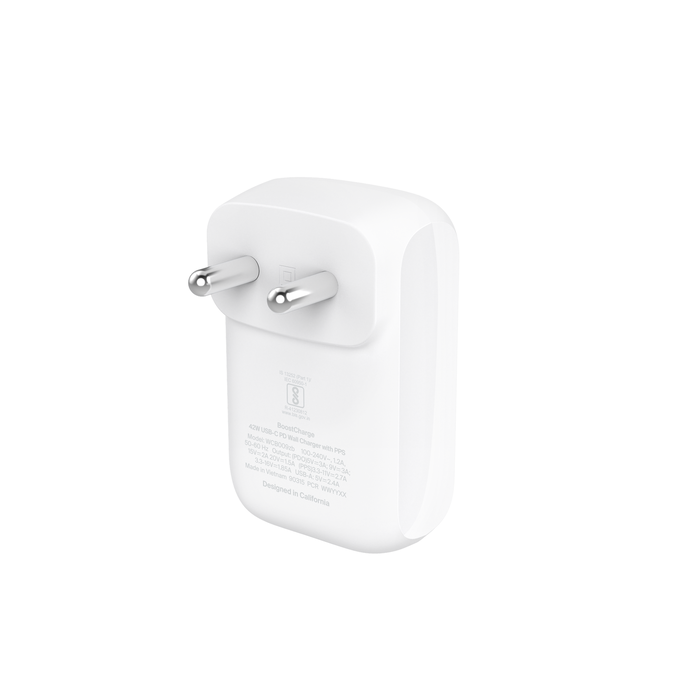 Side angle view of the Belkin 42W charger, highlighting the compact design and prongs for convenient plug-in access.