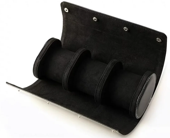 Empty black suede watch roll case for secure and stylish watch storage, ideal for travel