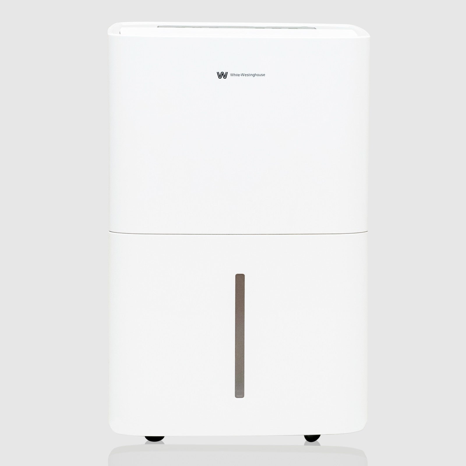  A white dehumidifier with a minimalist design, featuring the White-Westinghouse logo at the top center of the front panel. The lower half includes a visible water level indicator on the removable water collection tank. The device is on small wheels for easy mobility.