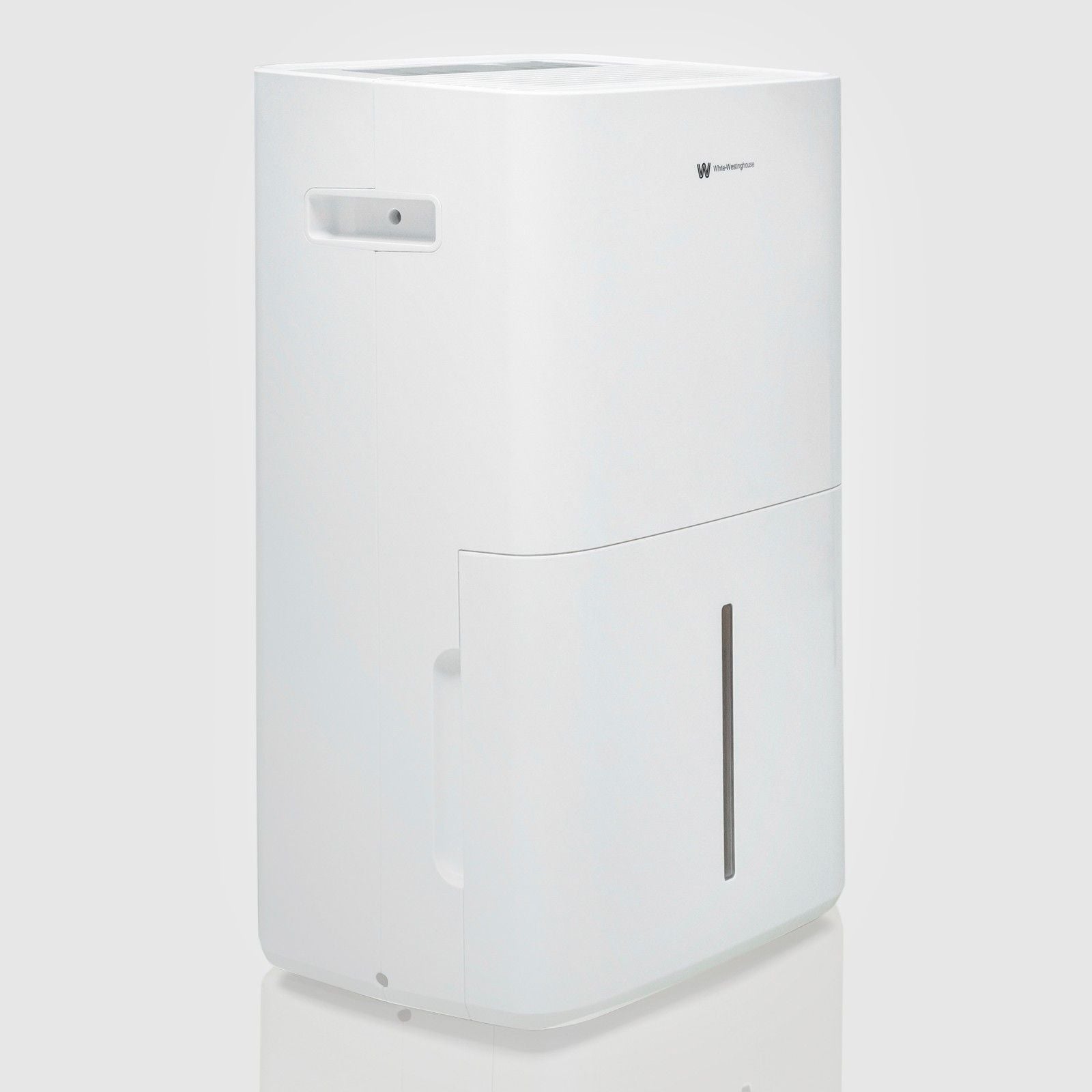 A white 30-liter dehumidifier with a clean, modern design, featuring the White-Westinghouse logo on the upper front panel. The lower half includes a visible water level indicator on the removable water collection tank. The device has a built-in handle on the side for easy carrying and is equipped with small wheels for easy mobility.