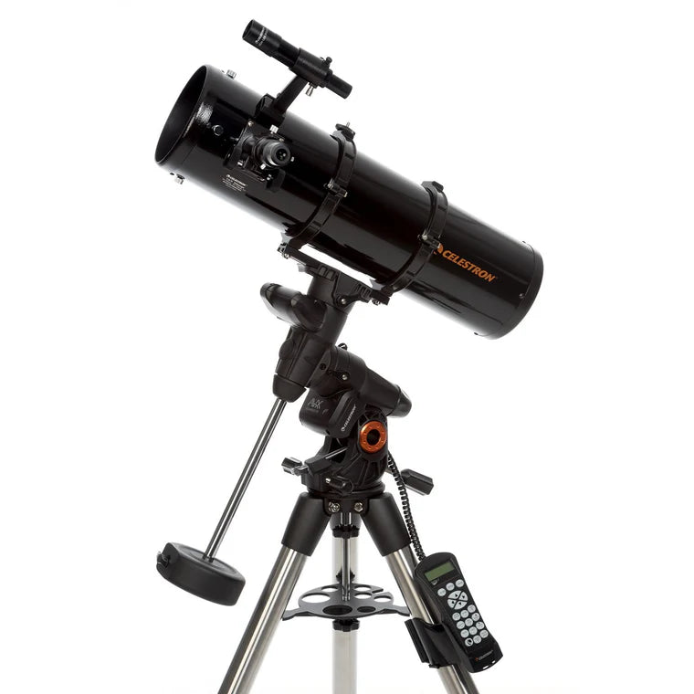 A Celestron Advanced VX 6 Newtonian telescope with a black cylindrical tube mounted on an equatorial mount and tripod.