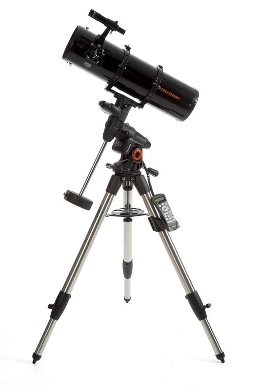 : A Celestron Advanced VX 6 Newtonian telescope with a black cylindrical tube mounted on an equatorial mount and tripod. The telescope is angled upward for observation. The mount includes a counterweight for balance and a control panel with a keypad for navigation and settings