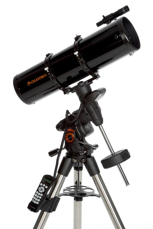 A Celestron Advanced VX 6 Newtonian telescope with a black cylindrical tube mounted on an equatorial mount and tripod. The telescope is angled upward for observation. 