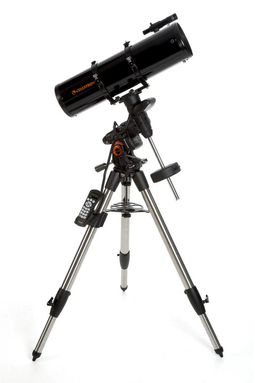  A Celestron Advanced VX 6 Newtonian telescope with a black cylindrical tube mounted on an equatorial mount and tripod.