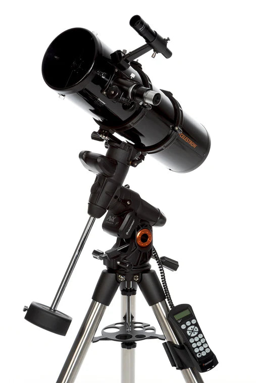: A Celestron Advanced VX 6 Newtonian telescope with a black cylindrical tube mounted on an equatorial mount and tripod. The telescope is angled upward for observation. The mount includes a counterweight for balance and a control panel with a keypad for navigation and settings