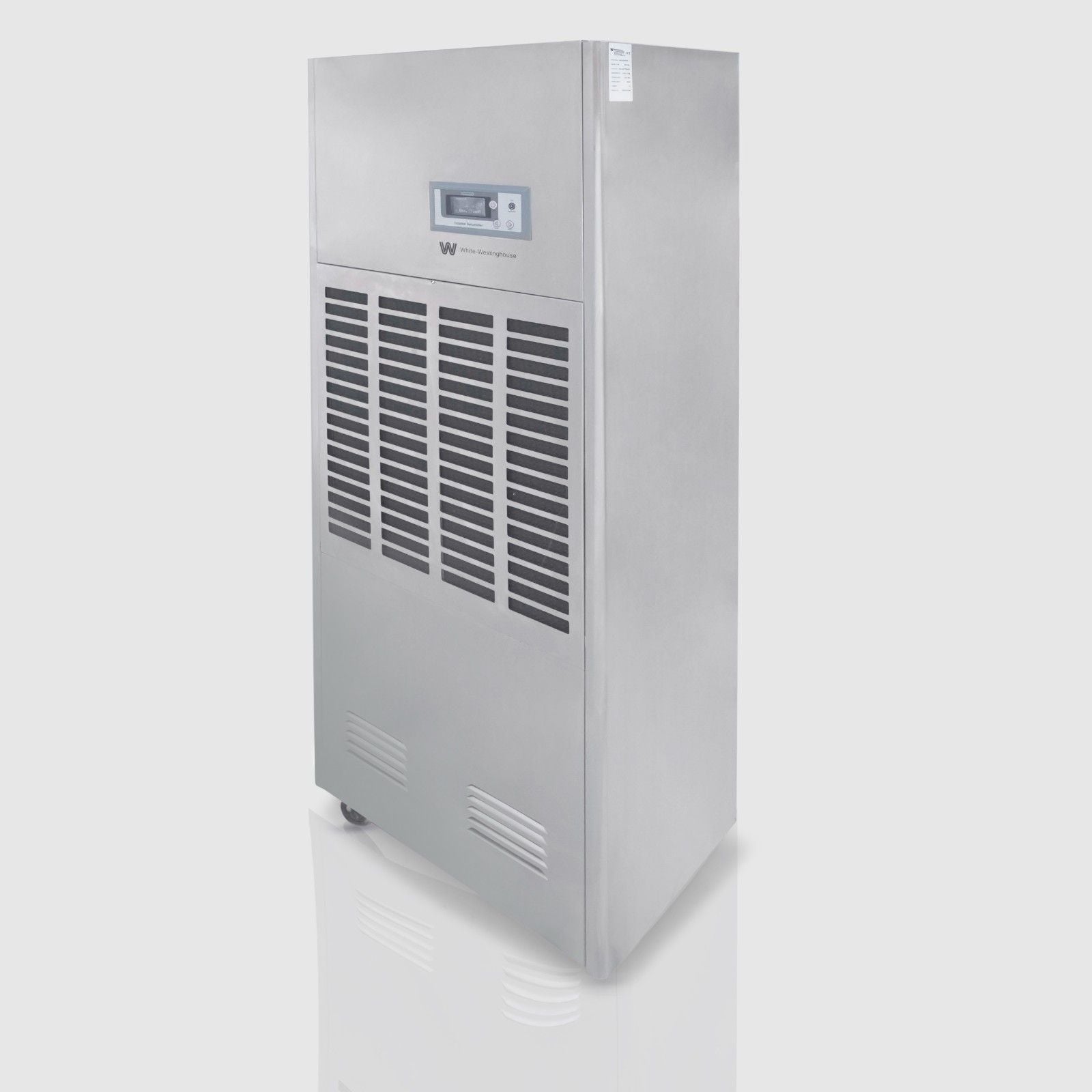  A White-Westinghouse commercial dehumidifier with a sleek metallic silver exterior. The unit features a top section with a control panel and a large grid of black ventilation slots below it. The dehumidifier is designed for heavy-duty moisture control, with a capacity of 360 liters, suitable for covering 20,000 cubic feet. It has side handles for easy transport and is mounted on small wheels for mobility