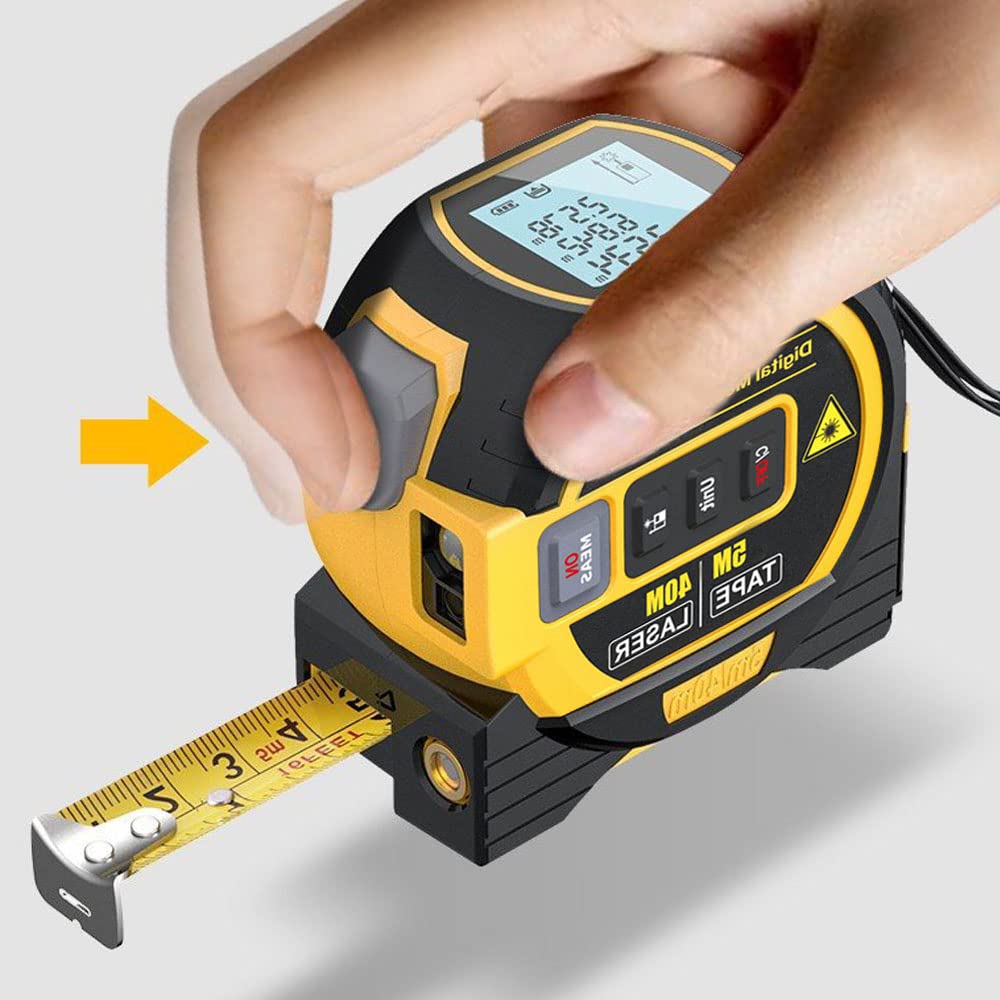  A close-up of a hand holding a digital laser tape measure with a yellow and black design. The device features an LCD screen displaying measurements, buttons for mode selection, and a tape measure extended to show its length. An arrow indicates the direction to press the button for operation. The tape measure is marked with both metric and imperial units.